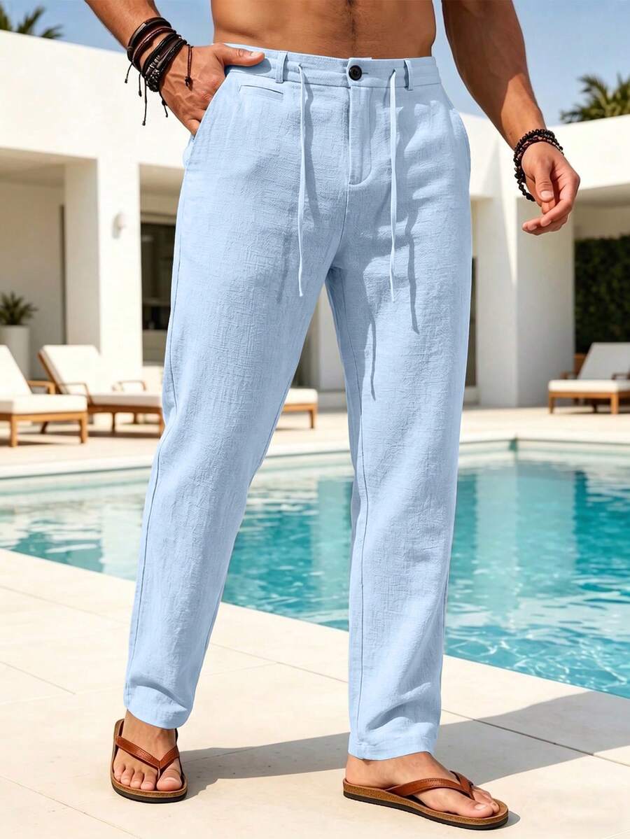 VENTUSAIL Men's Light Blue Solid Drawstring Waist Straight-Leg Casual Pants With Side Pockets,Baggy Slacks For Autumn,Tropical Beach Vacation,Gifts For Husband - Baby Blue - View 1