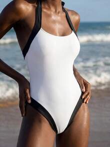 Maija Women's Vacation Beach Colorblock Halter Neck Tie One-Piece Swimsuit White Summer Sexy - White - View 5