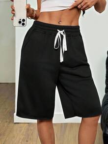 SHEIN PETITE Shorts bermuda de pierna ancha de punto negro con cintura de cordón para mujer, casual, para mujeres de talla pequeña - Negro - Ver 4