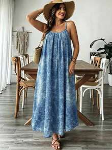 EMERY ROSE Plus Size Blue Textured Pattern Spaghetti Strap Backless Vacation Style Loose Comfortable Dress, Beach Dress, Spaghetti Strap Dress, Bohemian Style Vacation Outfit - Blue - View 6