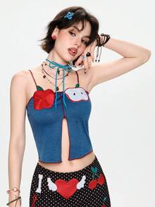 Sweetness 可愛甜美蘋果刺繡圖案藍色細肩帶背心上衣女款 - 藍色 - 查看 9