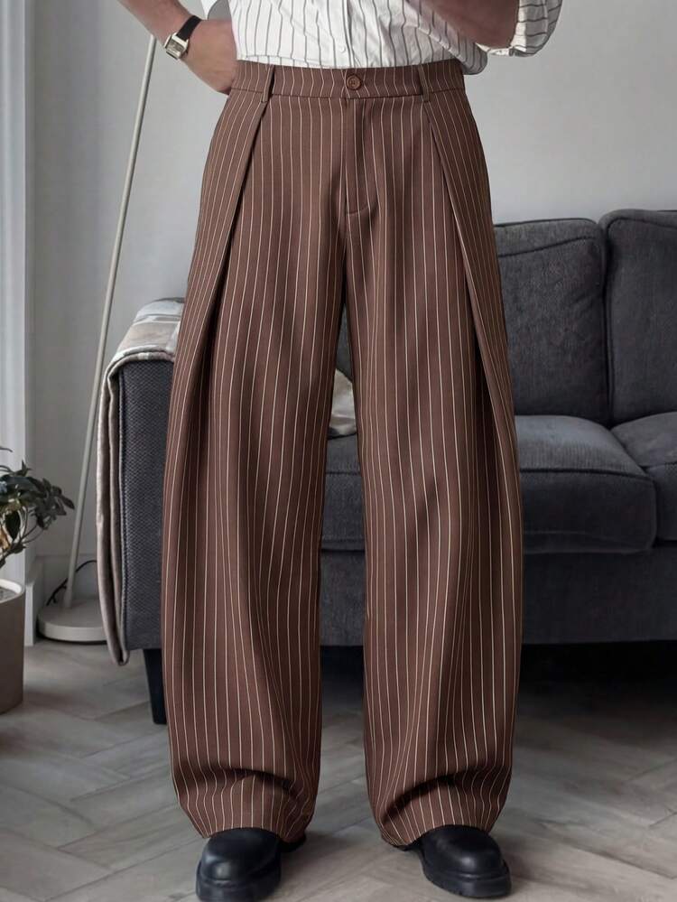 HIMLAND Men Plus Size Striped Fold Pleated Pocket Casual Loose Pants, Vacation, Father's Day Gifts, Football - Brown - View 6
