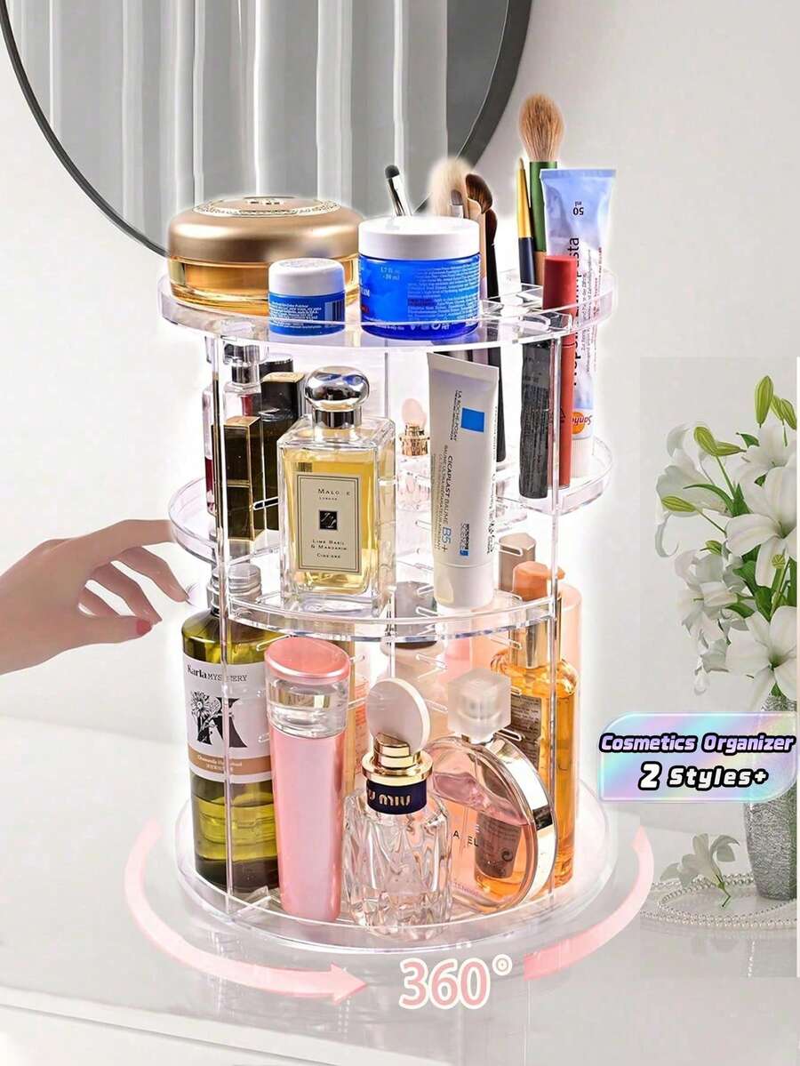 Estante de almacenamiento de cosméticos transparente, organizador de escritorio giratorio de 360 grados, caja de acrílico, caja de almacenamiento de lápiz labial y productos de cuidado de la piel para tocador, estante de exhibición de cosméticos - Multicolor - Ver 1