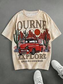 SHEIN Kids Young Boy Casual Versatile And Comfortable Racing Letter Print Pattern Round Neck Pullover Loose Short Sleeved Knitted T-Shirt Suitable For Commuting To School, Daily Leisure Vacation Travel, Suitable For Sports, Suitable For Spring And Summer Festivals - White - View 3