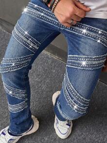 Manfinity Roughcore Quần jean skinny nam denim phong cách hip-hop đính đá, gấu sờn, túi cúc - Màu xanh lam - Xem 5