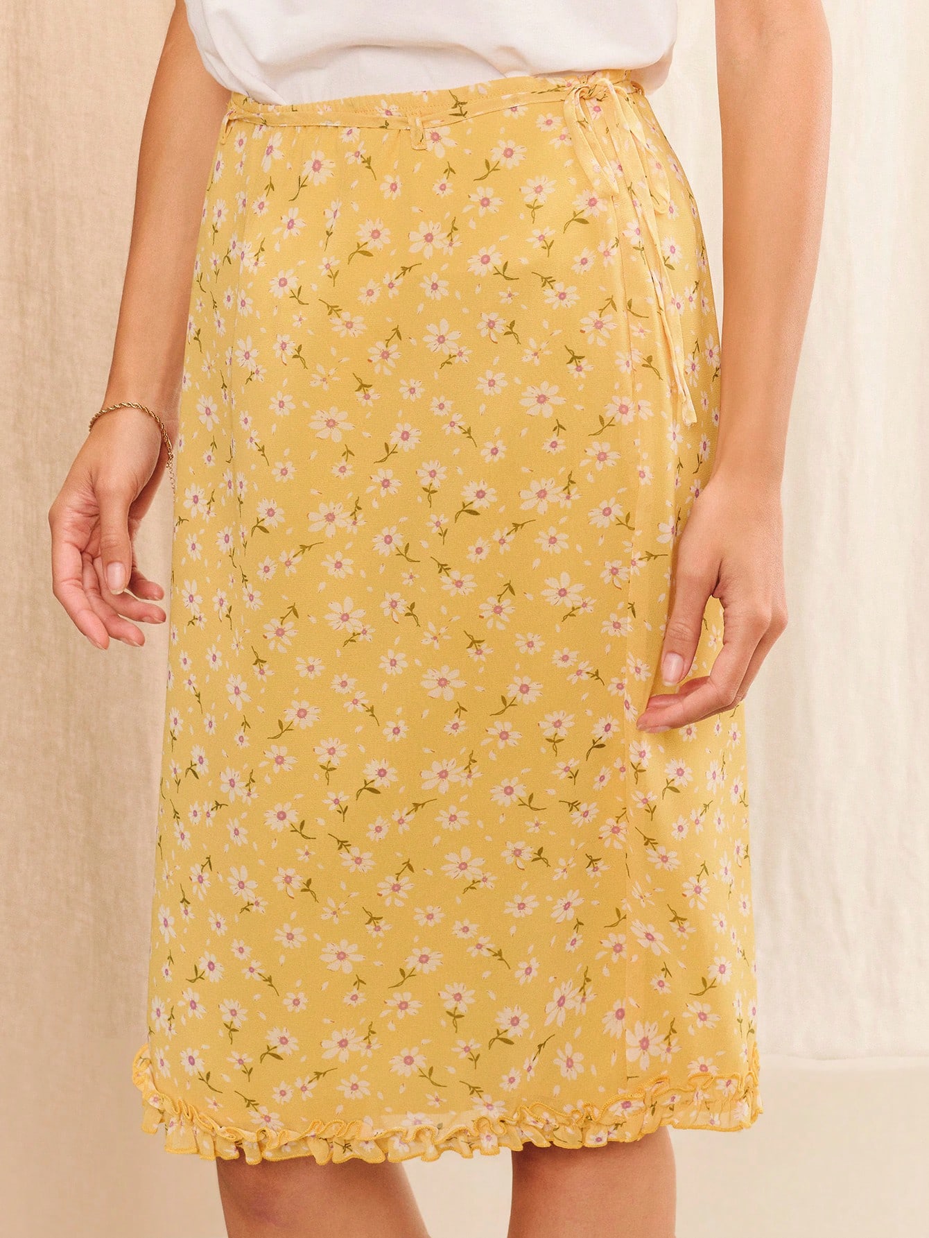 Yellow Floral Knee-Length Midi Skirt With Tie Waist French Style Summer Vintage Holiday Casual Skirt