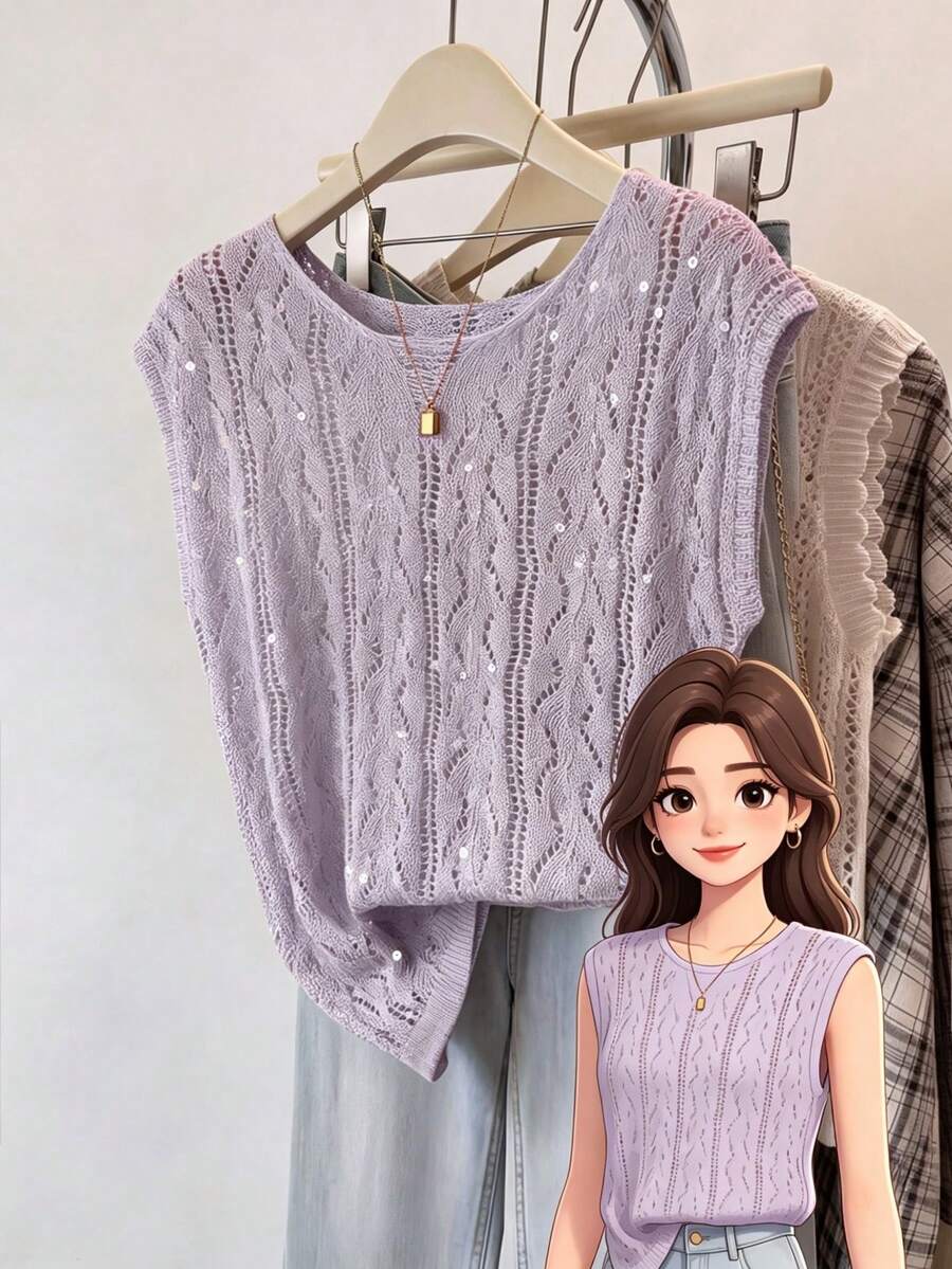 Franclia Áo dệt kim tay ngắn màu tím oải hương, kiểu dáng thời trang, thanh lịch, thoải mái, phù hợp đi làm, đi nghỉ mát, du lịch dành cho nữ, thích hợp cho mùa xuân/hè. - Màu tím hoa cà - Xem 1