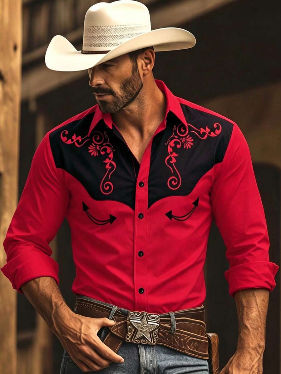 Manfinity Nomadique Men's Western Style Contrast Color Patchwork Print Shirt, For Fall, Long Sleeve Top, Holiday - Red - View 1