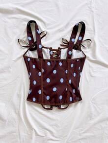 Soleia Women's Blue And Brown Polka Dot Summer 1960s Vintage Camisole Bra Top, Lace Corset Bustier For Tea Party,Off-The-Shoulder Fitted Outfits Tops - Multicolor - View 2