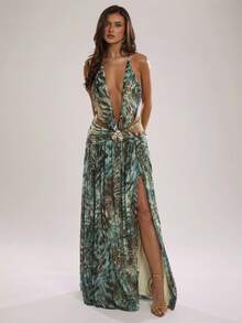 SHEIN BAE Women's Sexy Vacation Animal Print Hollow-Out Backless Halter Dress, Summer - Multicolor - View 6