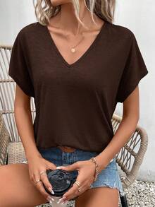 SHEIN Frenchy Áo thun tối màu phong cách tối giản thường ngày, 95% phù hợp cho mùa hè - màu nâu - Xem 5