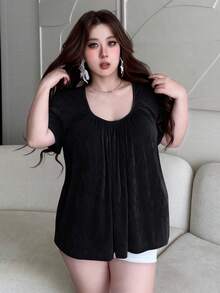 Vibekara Camiseta holgada cómoda y casual con pecho fruncido talla grande para primavera y verano - Negro - Ver 4