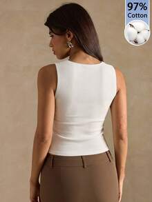 SHEIN BAE 女士95%棉白色条纹修身无袖背心，夏季基础款日常修身时尚优雅休闲办公工作衬衫度假衬衫 - 彩色 - 查看 2