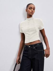 ATUI Studio Solid Color Casual Fashion Double-Breasted Short Sleeve Blouse For Women,Summer Top - White - View 3