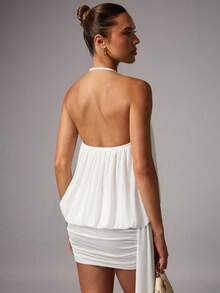 Avenya Women's White Halter Neck Mini Dress, Sheer Chiffon Flowy Skirt - White - View 6