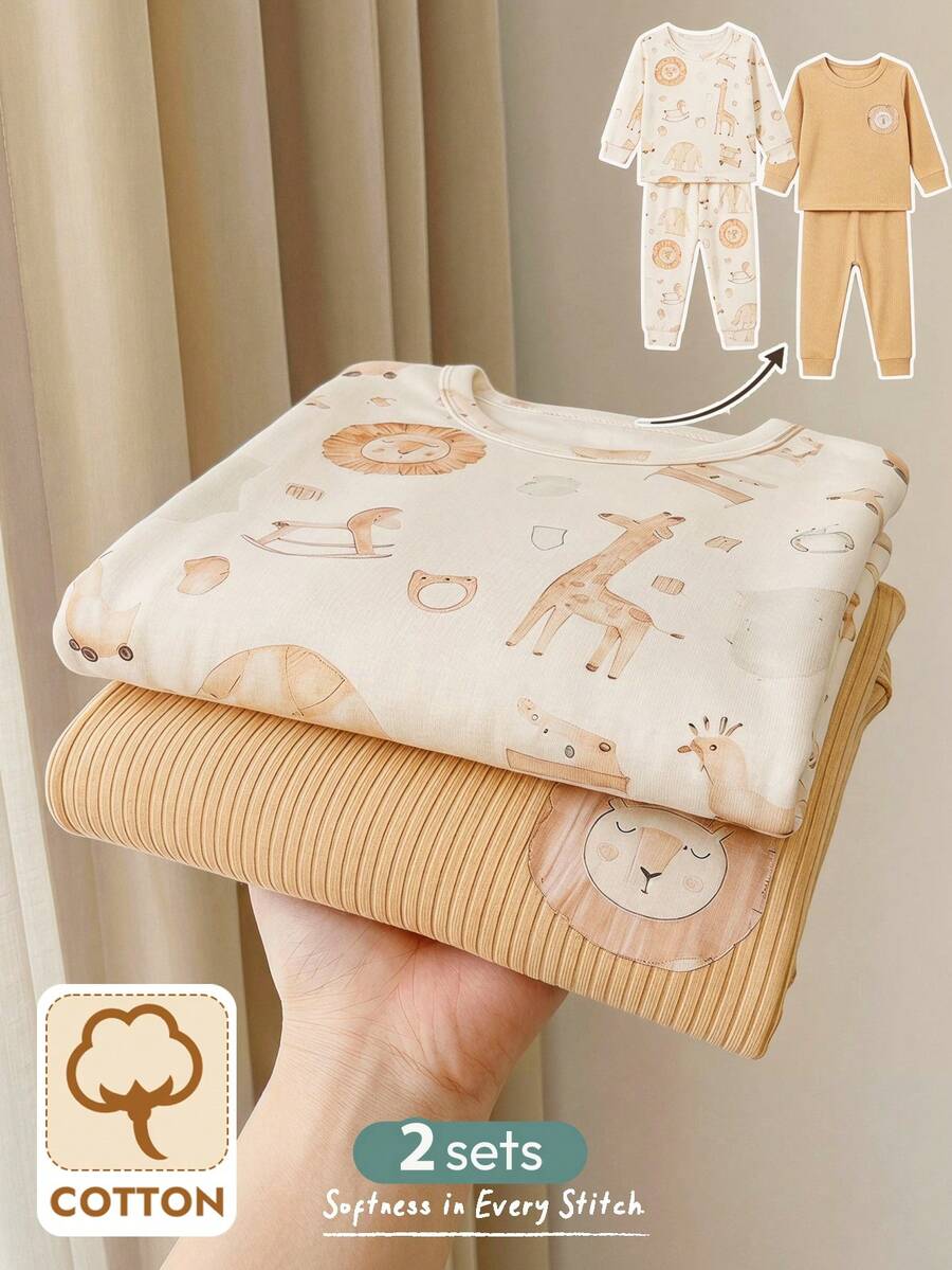 Cozy Pixies 四件套针织柔软可爱卡通动物图案圆领长袖上衣和打底裤睡衣套装,适合男婴、女婴、幼儿,经典舒适日常休闲基本款,适合春、夏、秋、冬四季穿着。 - 彩色 - 查看 1