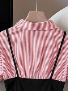 GlowEve Camisa de moda 2 en 1 para mujer con bloques de color, rayas, manga corta, volantes y botones delanteros, adecuada para vacaciones de primavera/verano, casual, ir al trabajo, uso diario versátil - Rojo - Ver 6
