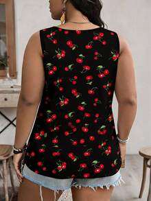 SHEIN VCAY Plus Size Cherry Print Round Neck Sleeveless Tank Top - Multicolor - View 3