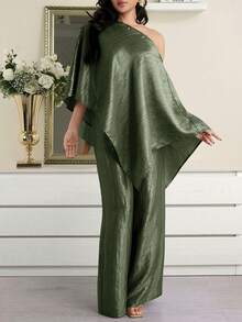 Modelyn Women's Elegant Solid Color Asymmetric Neck Loose Top And Pants 2 Pieces Set, Summer - Army Green - View 2