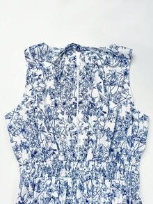 SHEIN Clasi 女士休闲无袖连体裤，系带领口，印花图案 - 藍白色 - 查看 6