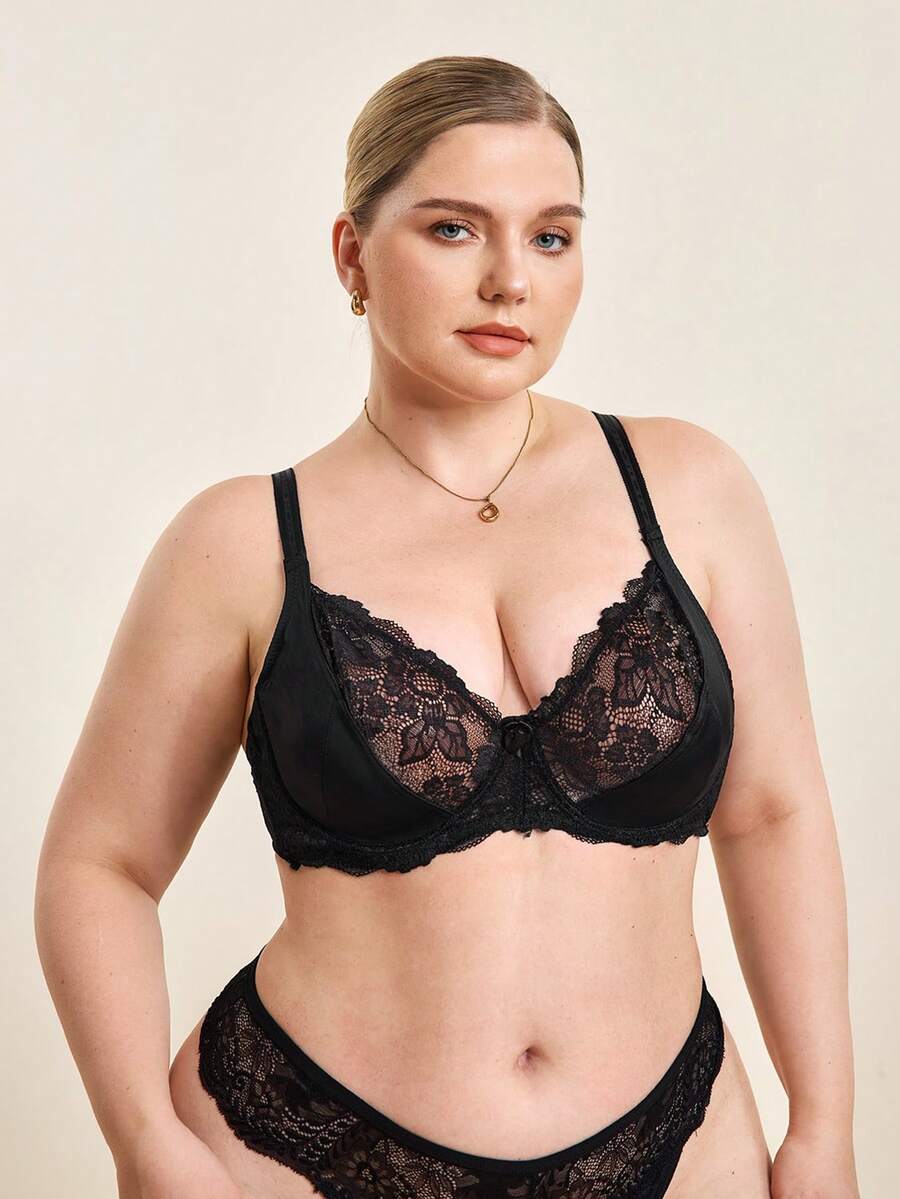 Hourtrue Plus Contrast Lace Underwire Bra Lingerie, Lift - Black - View 1