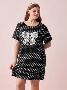 Bonmuse Plus Size Women's Polka Dot Bow Tie Short Sleeve Short Dress, Loose Comfortable Casual Sleepwear, Suitable For Summer - Black - View 6
