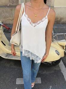 Elegant Women's Summer Camisole In Solid Color With Lace Patchwork And Side Slit - White - View 8