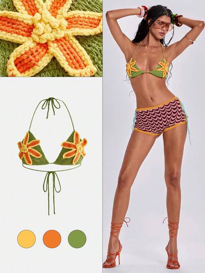 Y2K Spring/Summer Vacation Sexy Wild 3D Floral Decor Halter Backless Cropped Knit Top