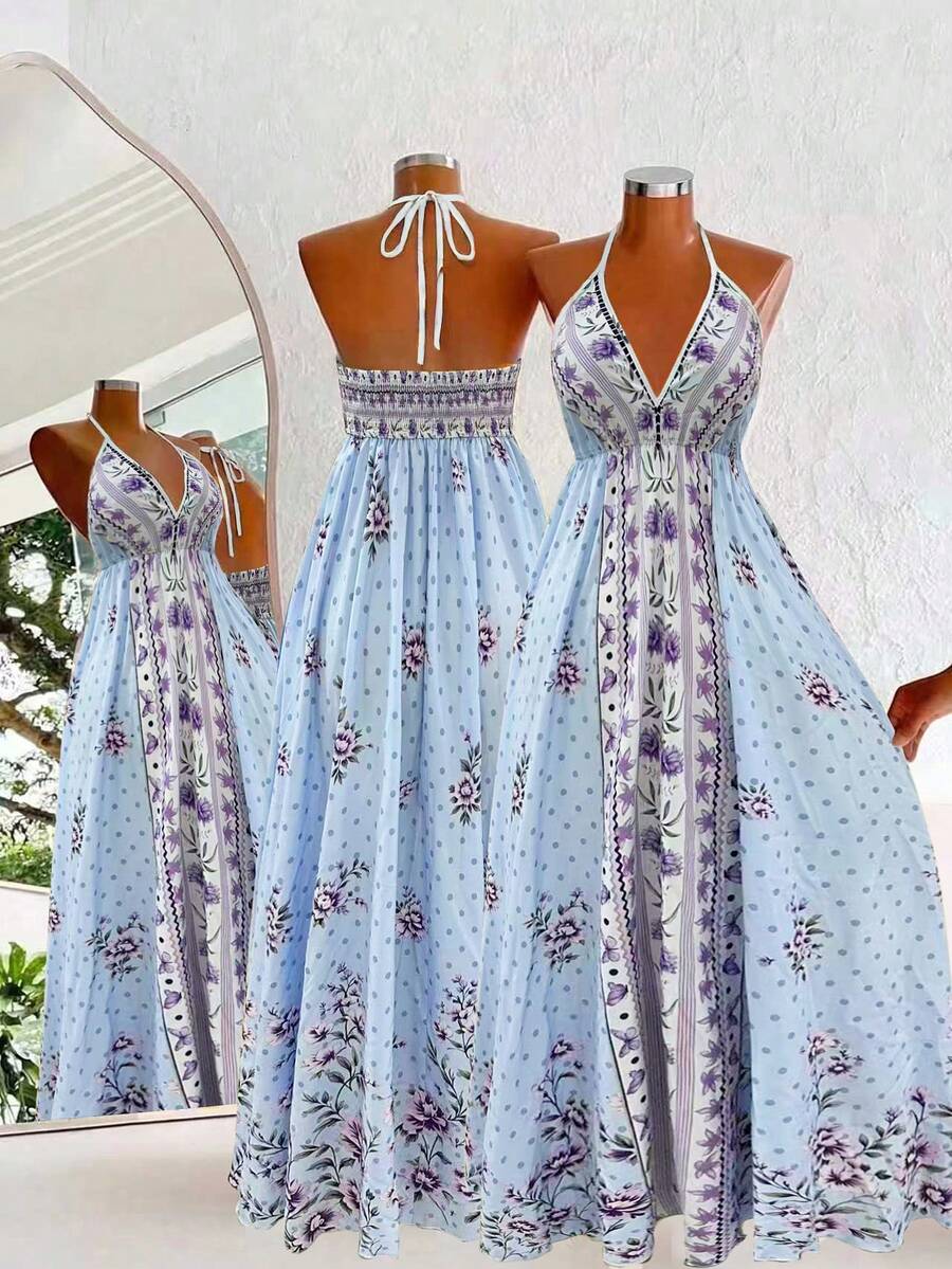 Flirla Bohemian Style Printed Beach Slip Dress - Blue - View 1