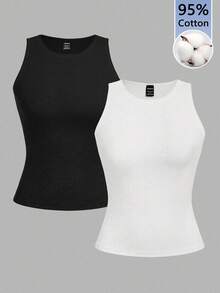 Comfortcana Bộ 2 áo tank top cotton cổ tròn dáng ôm vừa vặn dành cho nữ, cỡ lớn, thích hợp mặc đi học vào mùa hè. - Đen và trắng - Xem 1