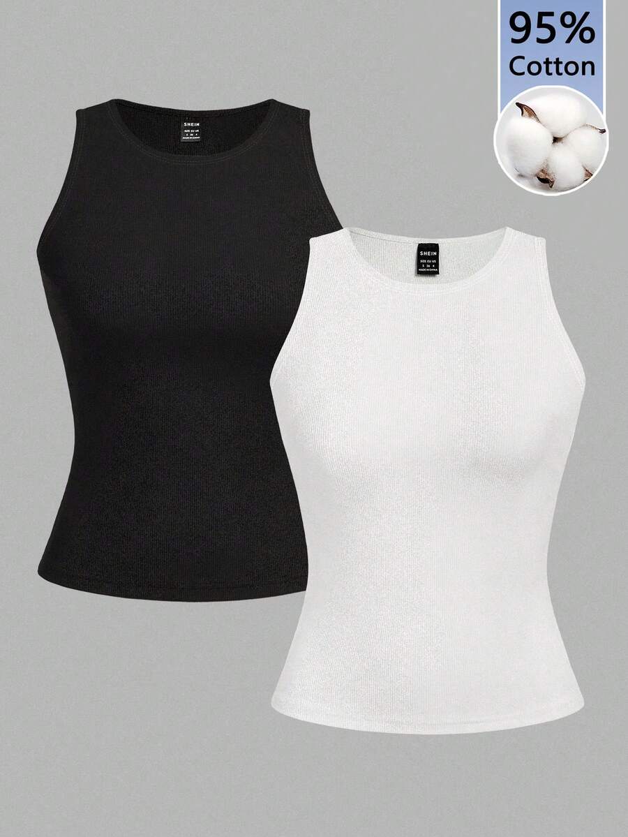 Comfortcana Bộ 2 áo tank top cotton cổ tròn dáng ôm vừa vặn dành cho nữ, cỡ lớn, thích hợp mặc đi học vào mùa hè. - Đen và trắng - Xem 1