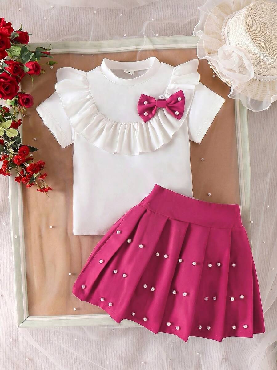 Elladie kids Young Girls Ivory Knit Short Sleeve Ruffle Bow T-Shirt & Pleated Beaded Half Skirt 2-Piece Set,7th Birthday Summer Casual Outfit For Toddler Girls