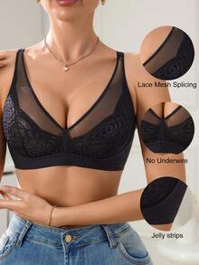 SHEIN 1pc Women Wirefree Soild Color Deep V Neck Lace & Mesh Patchwork,No Padding Detachable Multi-Strap Wearing Style Bra - Black - View 4
