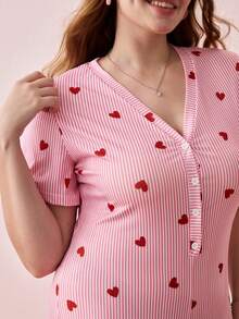 Bonmuse Plus Size Sexy Striped Heart Print Short Sleeve Jumpsuit - Pink - View 8