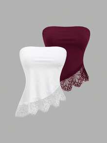 Conjunto de 2 piezas de top camisola minimalista con borde de encaje, asimétrico y sin tirantes, de seda de leche suave, elegante para el trabajo y uso diario, para primavera/verano - Multicolor - Ver 3