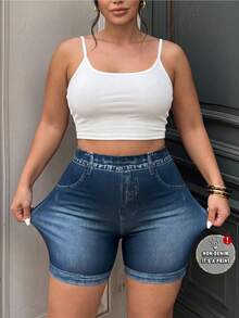 Lounesse Plus Size Women Navy Blue Leggings, Fashionable Casual Outerwear, Comfortable Stretchy Fabric Short For Daily Wear Formal Summer Vacation - Blue - View 3