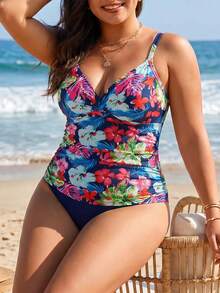 SHEIN Swim 2026 Summer New Beach Vacation Tummy Control Slimming Print Two Pieces Plus Size Tank Bikini - Multicolor - View 4