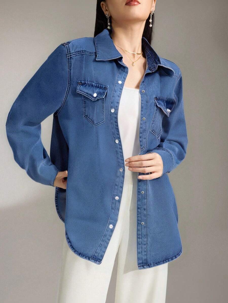 SHEIN LUNE 翻蓋口袋捲袖牛仔襯衫,秋季女裝,休閒 - 中等水洗藍 - 查看 1