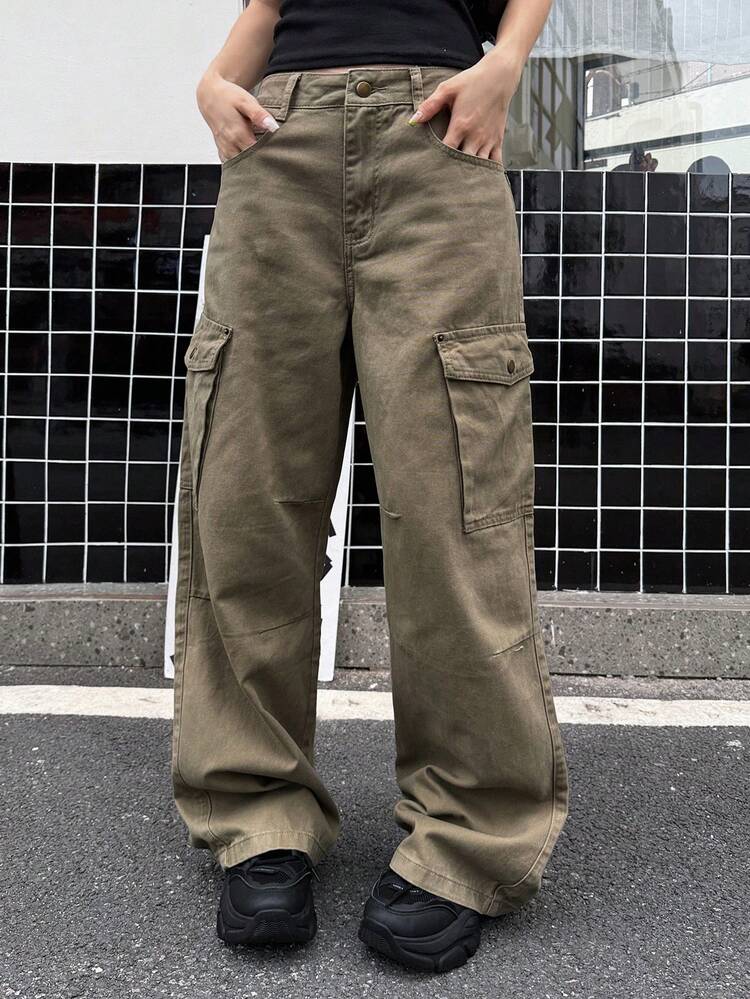 Solid Color Loose Cargo Pants Casual Street Style Summer Women's Jeans
