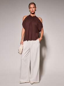 COSMINA Women's Summer Elegant Sexy Casual Solid Color Off-Shoulder Halter Neck T-Shirt Everyday Golf Pastal Going Out Brunch Date Party All Shades Of Brown - Brown - View 4