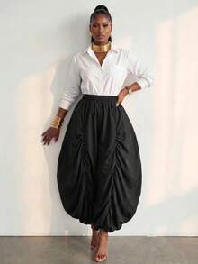 BamGlimmer Women's Solid Color Elastic Waist Gathered Fashion Elegant Classy Loose Versatile Long Pants Birthday Night Party Black Autumn - Black - View 7