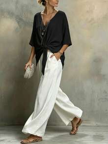 Isle Nomé Women's Spring/Summer Casual Solid Color V-Neck Twist Knot Shirt - Black - View 4
