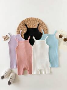 5pcs/Set Baby Girl Casual Solid Color Knit Camisole Romper - Baby Blue - View 2