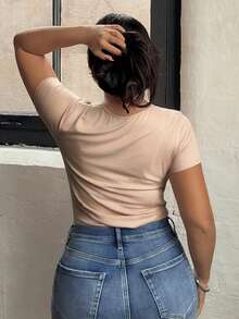 Dazy Plus Áo bodysuit nữ size lớn dệt kim phối ren patchwork, vai T-shirt, cổ V sâu, tôn dáng, phong cách tối giản gợi cảm, đa năng cho mùa xuân hè - Màu Hồng baby - Xem 7