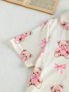 SHEIN 4-7歲女童睡衣套裝，小女孩熊圖案蝴蝶結前開襟翻領短袖長褲休閒時尚舒適兩件式居家服，春夏親膚舒適家居套裝，日常居家睡衣，女童休閒服飾 - 彩色 - 查看 7