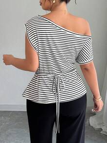 SHEIN Clasi Women's Plus Size Summer 1pc One Shoulder White Cinched Waist Asymmetrical Hem Slimming Minimalist Elegant Sexy Style Commute Date Wedding Sleeveless - Black and White - View 2