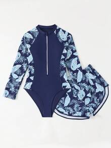 SHEIN 青少年女孩一件式泳衣 & 短褲兩件套裝，長袖附拉鍊，新品上市。適合春/夏海灘游泳。配色紫色花卉印花圖案，時尚設計。舒適面料，清新且時尚 - 彩色 - 查看 4