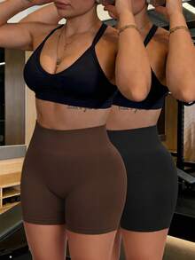 Rhythm Era 2pcs/Set Plus Size Women Black & Chocolate Brown Seamless High Waist Yoga Shorts,Summer Athletic Curve Midsize Gym Opaque High Elasticity Fitness - Multicolor - View 1