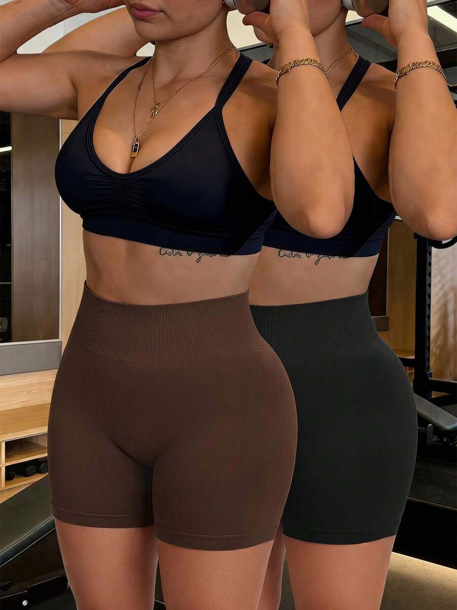 Rhythm Era 2pcs/Set Plus Size Women Black & Chocolate Brown Seamless High Waist Yoga Shorts,Summer Athletic Curve Midsize Gym Opaque High Elasticity Fitness - Multicolor - View 1