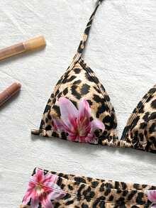 SHEIN Kids Teen Girls Tankinis Brown Summer Leopard Print Floral Swimsuit Bikini Set, Surfing, Vacation, Beachwear, Beach Cute - Khaki - View 4